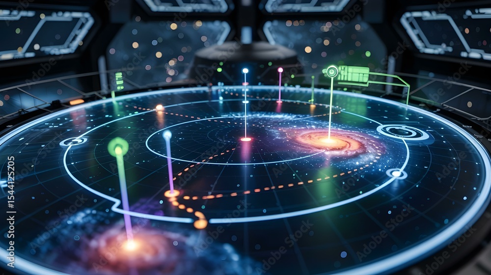 Poster futuristic spacecraft control panel, sci-fi interface with galaxy map and data display