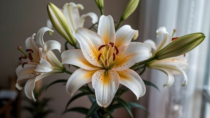 Fototapeta premium Elegant Bouquet of White and Yellow Lilies, Delicate Floral Arrangement