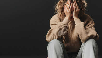 A woman sitting on the floor with her hands covering her face, feeling distress, depressed, stressed and anxiety in black background 