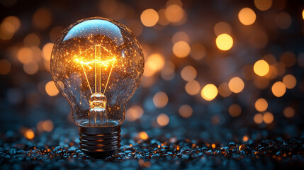 Futuristic business strategy concept with glowing light bulb and graphic icons symbolizing innovation, planning, growth, and economic development. Ideal for business, marketing, and competition themes