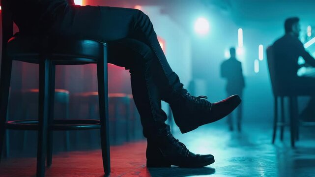 Person sitting on a bar stool in a colorful, moody atmosphere.