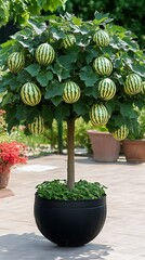 A cultivated watermelon tree with ripe fruits growing in a decorative pot image