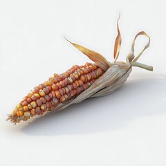 A detailed realistic studio image of a colorful mature corn cob on a white background