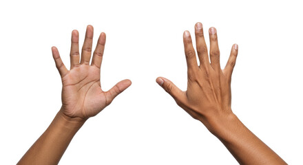 Two Open Brown Hands Raised Palms Upward Isolated on White.