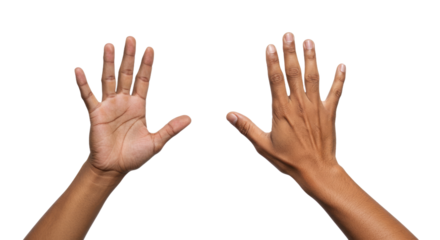 Two Open Brown Hands Raised Palms Upward Isolated on White.