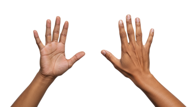 Two Open Brown Hands Raised Palms Upward Isolated on White.