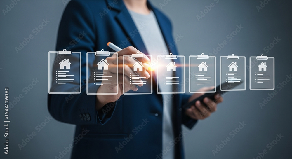 Poster person reviewing property listings on digital clipboards with stylus and mobile device in hand