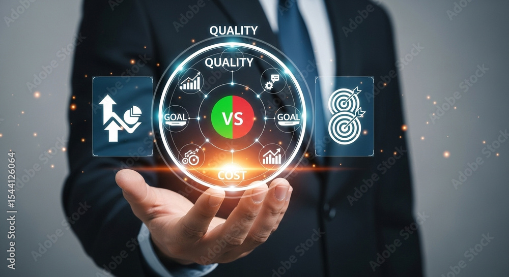 Poster a person holding a glowing orb with quality versus cost icons and business related graphics around i