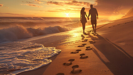 Couple walking on beach during sunset leaving footprints in sand