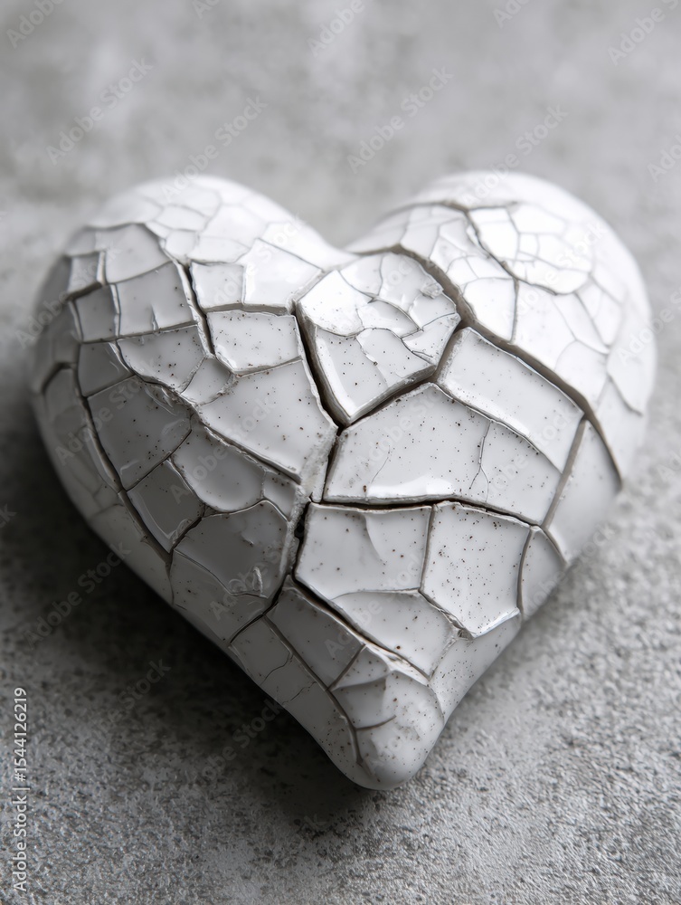 Poster cracked ceramic heart resting on an empty surface illuminated by soft light