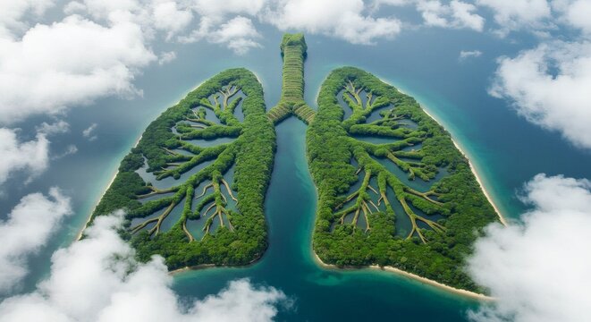 Aerial view of a lush green island shaped like human lungs, surrounded by misty clouds. Water bodies mimic bronchi within the forest.