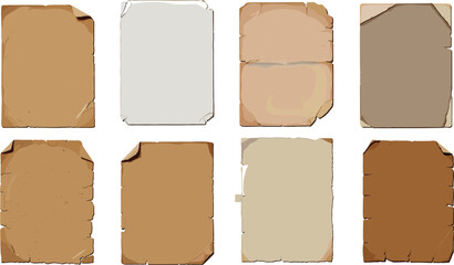 Old antique paper sheets collection with torn edges. Different vintage paper texture, worn parchment