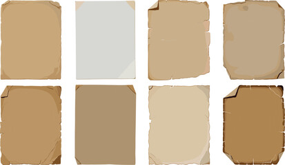 Old antique paper sheets collection with torn edges. Different vintage paper texture, worn parchment