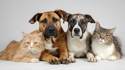 Two Dogs and Two Cats Lying Together on a Neutral - Toned Background 