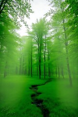 Naklejka premium Misty Green Forest Path Serene Nature Photography