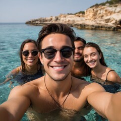 Obraz premium Group selfie of friends enjoying time in the sea during summer vacation. travel, lifestyle, social media use cases.