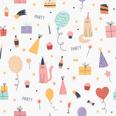 Hand drawn seamless pattern with cute party cats, balloons, cupcakes, gifts, and festive decorations. Whimsical and playful birthday celebration design for wrapping paper, kids' textiles