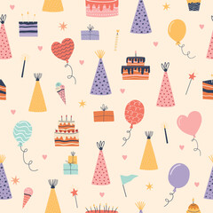 Hand drawn seamless birthday pattern with cakes, balloons, gifts, party hats, candles, and sparkles. Cute and festive doodle style, perfect for kids party design, wrapping paper, or surface decoration
