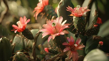 Poster Cactus flowers blooming in warm sunlight with pink petals and green stems