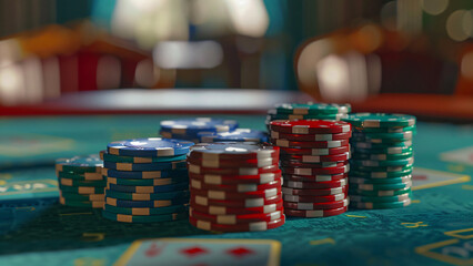 Fototapeta premium Poker chips on table at casino with dramatic lighting and shadows