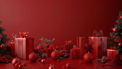 Red Christmas scene with gift boxes, baubles and winter decorations
