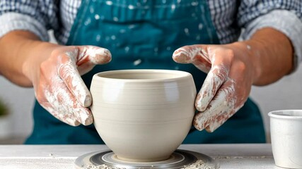 Artisan sculpting ceramic bowl on spinning pottery wheel in workshop