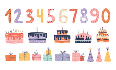 Hand drawn birthday clipart set with cute numbers, cakes, gift boxes, and party hats. Fun and colorful vector elements in whimsical doodle style. Perfect for birthday cards, party invites, kids decor