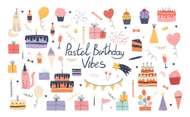 Big pastel birthday clipart collection. Hand drawn doodle set with cakes, candles, cats in party hats, balloons, gifts, cupcakes, and fun party elements. Perfect for kids designs, party invites