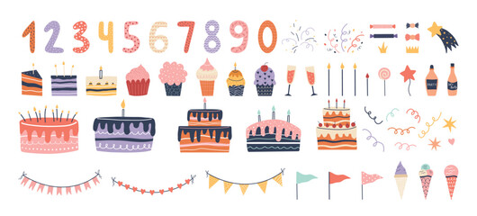 Hand drawn birthday element collection with pastel cakes, candles, numbers, cupcakes, party decorations and sweets. Perfect for greeting cards, posters, invitations, and kids celebration design.