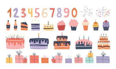Obraz premium Big birthday celebration set with hand drawn cakes, numbers, cupcakes, gifts, candles and decorations. Fun pastel vector collection for party invitations, posters and digital projects.