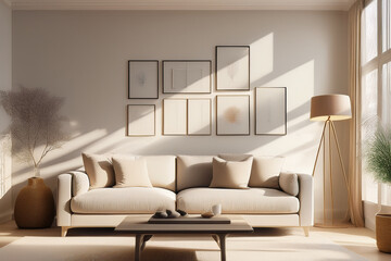 Minimalist bright living room with soft pastel tones, stylish sofa, abstract wall art, and natural light. Clean and modern Scandinavian interior without people.