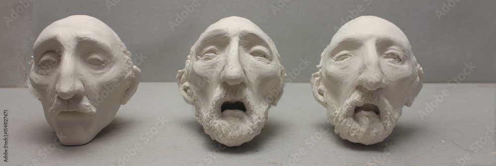Poster blended dual expressions on 3d clay face showcasing emotions of surprise and despair in a creative c