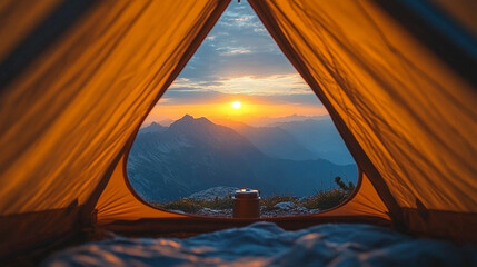 Sunrise view from inside a softly blurred triangular tent opening, overlooking a breathtaking mountaintop landscape. Warm morning light enhances the serene and peaceful outdoor camping experience.

