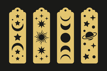 Set of vertical bookmarks with astrology elements such as moon, sun, celestial and stars. Esoteric laser cut template. Decorative stencil for paper, wood and metal cutting. Mystical vector design