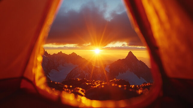 Sunrise view from inside a softly blurred triangular tent opening, overlooking a breathtaking mountaintop landscape. Warm morning light enhances the serene and peaceful outdoor camping experience.

