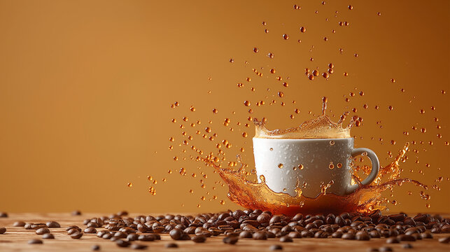 Coffee splash in mid-air with roasted beans. A dynamic shot capturing a coffee cup splashing with liquid, surrounded by scattered coffee beans, set against an orange background for a bold, energetic f