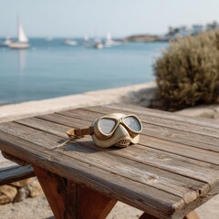 Vintage diving mask on a wooden table with a sea view for travel blogs and summer promotions