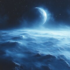 Celestial expanse,  a serene, ethereal view of a distant planet shrouded in luminous clouds, with a crescent moon hanging in the starry sky above