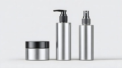 Silver cosmetic containers including jar, pump bottle, and spray bottle are displayed against neutral background, showcasing sleek and modern design