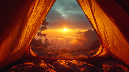 Sunrise view from inside a softly blurred triangular tent opening, overlooking a breathtaking mountaintop landscape. Warm morning light enhances the serene and peaceful outdoor camping experience.

