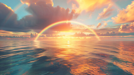 Scenic ocean view with sunlight and rainbow in blue sky