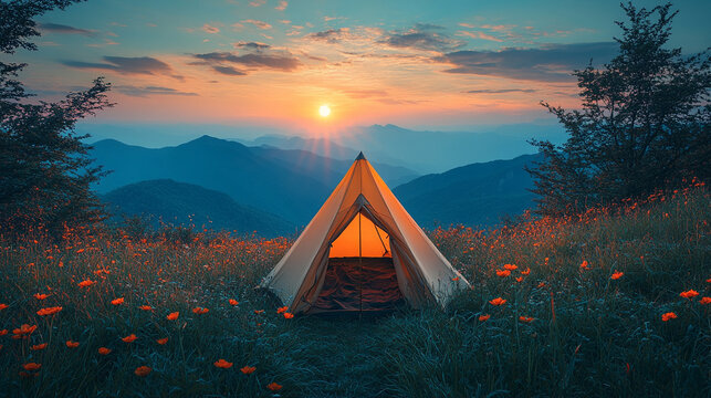 Sunrise view from inside a softly blurred triangular tent opening, overlooking a breathtaking mountaintop landscape. Warm morning light enhances the serene and peaceful outdoor camping experience.

