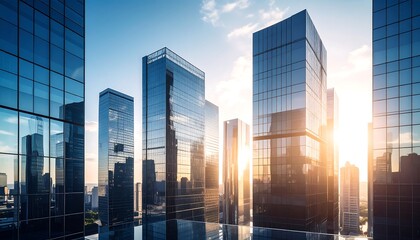 Modern glass skyscrapers rise against a clear blue sky, reflecting the sunlight during golden hour.