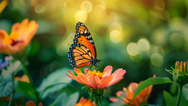 Monarch butterfly on vibrant flower with soft sunlight and bokeh