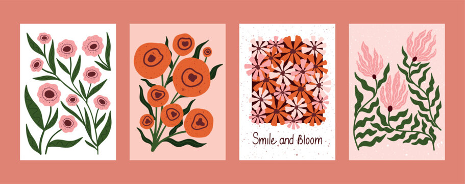 Hand drawn floral illustration with quote Smile and Bloom. Colorful daisy pattern in warm tones of orange, pink and white. Cute motivational print perfect for kids room, greeting cards, posters