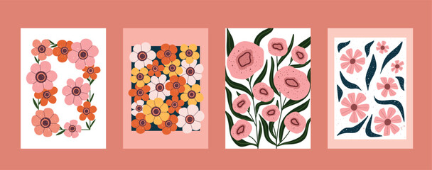 Set of hand drawn floral wall art in modern style. Colorful pink, orange and yellow flowers with green leaves. Minimal abstract flower compositions, trendy botanical prints for home decor.