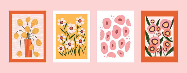 Set of hand drawn floral posters featuring stylized wildflowers, abstract petals, botanical stems, and decorative vases. Playful and minimal design for wall art, nursery decor, packaging