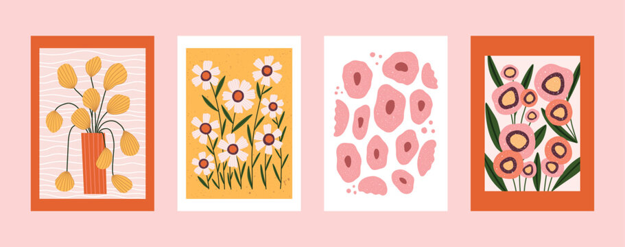 Set of hand drawn floral posters featuring stylized wildflowers, abstract petals, botanical stems, and decorative vases. Playful and minimal design for wall art, nursery decor, packaging