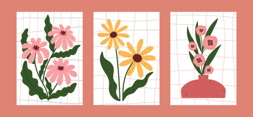 Minimal hand drawn floral posters featuring whimsical flowers in soft colors. Three botanical illustrations with organic shapes, vases, and leaves on a simple grid background