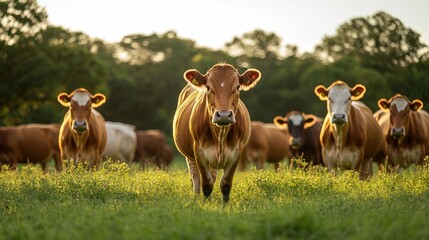 A herd of brown cattle grazes peacefully in a grassy field bathed in warm, golden sunlight